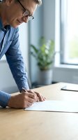 Mature male professional wearing glasses and blue shirt writing on document at wooden desk with potted plant and window in background for office work.