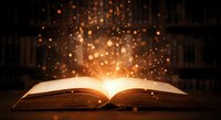Open book with magical glowing particles and warm light emanating from pages creating enchanting atmosphere for education and storytelling concepts.