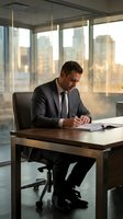 Professional businessman in dark suit signing documents at modern office desk with city skyline view during golden hour lighting for corporate presentations.