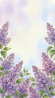 Lilac flowers with green leaves frame the edges of a soft watercolor background in shades of lavender, blue, and cream, creating an elegant floral border design suitable for invitations, greeting cards, and spring-themed projects.