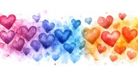 Rainbow watercolor hearts border with soft gradient from pink to purple, blue, and orange hues on white background, creating romantic seamless pattern for design.