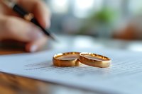Gold wedding rings on marriage certificate with person signing document in background, selective focus on rings. Concept of marriage, divorce, or legal agreement.