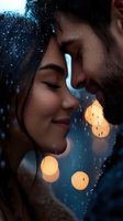 Romantic couple sharing intimate moment in rain with glowing bokeh lights, close-up portrait showing tender emotions and connection against moody evening atmosphere.