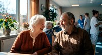 Happy elderly Caucasian couple laughing together in bright healthcare facility waiting room with medical staff in background during appointment visit.