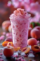 Pink peach smoothie topped with whipped cream in plastic cup surrounded by fresh peaches and ice cubes on dark background with bokeh effect.
