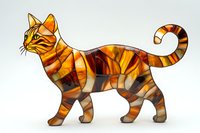 Stained glass style orange tabby cat figurine with striped pattern and geometric mosaic design, illuminated on white background for decorative display.