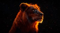 Majestic lion head profile illuminated by warm orange glow against dark background with floating sparks, showcasing powerful wild animal portrait in dramatic lighting.