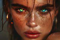 Close-up portrait of young woman with striking green eyes and freckled skin. Intense gaze with dramatic lighting creates captivating fantasy character concept.
