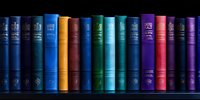Row of vintage hardcover books arranged by color from blue to purple on dark shelf, creating rainbow spectrum effect. Classic literature collection panoramic view.