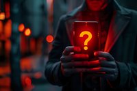 Person holding smartphone with glowing question mark in dark atmospheric setting. Red and blue moody lighting creates mysterious ambiance perfect for technology and security concepts.