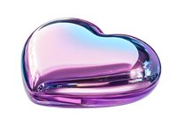 Glossy heart shape in iridescent pink and blue colors with metallic chrome effect on white background, isolated design element for romantic and love concepts.