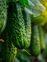 Fresh green cucumber with water drops growing on vine in garden, macro photography with selective focus and natural morning light.