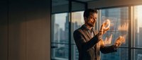 Professional African American businessman in suit analyzing holographic financial data charts and graphs in modern office with city skyline view at sunset.