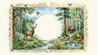 Forest wildlife scene with deer, bear and birds around blank circular frame for text or logo placement in vintage decorative border style.