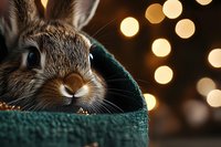 Adorable brown bunny rabbit peeking from green textile basket against warm bokeh lights background, creating cozy holiday atmosphere for greeting cards and decor.