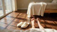 Woman relaxing barefoot on wooden floor in sunlit room with cozy slippers nearby for comfortable home lifestyle and wellness moments.