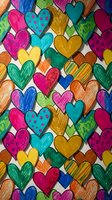 Colorful hand-drawn hearts pattern with vibrant crayon textures in rainbow colors, seamless repeating design for Valentine's Day and love-themed projects.