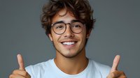 Young Hispanic man with curly hair and glasses showing thumbs up gesture against gray background, expressing positive attitude and confidence.
