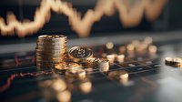 Stack of golden coins on financial chart background with rising market trend line, symbolizing investment growth and cryptocurrency trading success.