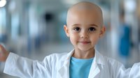 Young bald child patient in white medical coat smiling with arms outstretched in hospital corridor, representing pediatric healthcare and medical treatment.