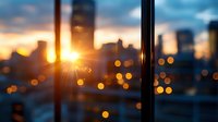 Dramatic urban sunset view through window with golden bokeh lights and sun flare, modern city skyline silhouettes against warm evening sky, defocused cityscape background.