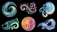 Ornamental swirl designs in vibrant colors, isolated on transparent background. Perfect for t-shirt designs, clipart, stickers, sublimation, print-on-demand products, and digital crafts. Six decorative flourish elements ready for immediate design use.
