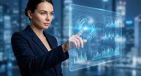 Professional businesswoman interacting with futuristic holographic interface displaying data analytics and financial charts in modern office environment.