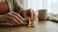 Woman's hands opening a bottle of golden supplement pills or vitamins on wooden table with mug and fabric, representing health, wellness, and daily nutrition routine.