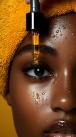 Close-up of dark-skinned woman's face with serum dropper above eye, wearing yellow headwrap, water droplets on glowing skin, beauty and skincare concept.