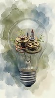 Watercolor lightbulb with mechanical gears and green sprouts symbolizing innovation, creativity, and sustainable technology solutions for business growth.