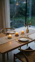 Elegant dining table set for two with lit candles, dried flowers in ceramic vase, and place settings overlooking garden through large windows, suitable for home decor, hospitality, and lifestyle design projects.