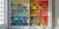 Colorful rainbow gradient bookshelf with books arranged by color spectrum from blue to red in modern white interior with window light. For interior design and library decor.