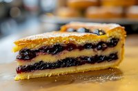 Slice of homemade berry tart with golden pastry crust and dark fruit filling on wooden surface. Perfect for bakery menus, dessert blogs, and culinary content.