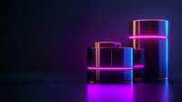 Glowing neon cylindrical podiums with pink and blue lighting effects on dark background create modern futuristic display platform for product presentation.