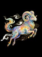 Colorful watercolor ram with golden swirls leaping dynamically, isolated on transparent background. Great for zodiac clipart, stickers, t-shirt design, and print on demand.