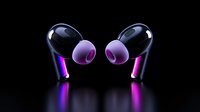 Glowing wireless earbuds with neon pink and purple light effects on black background, modern tech gadget for music listening and communication.