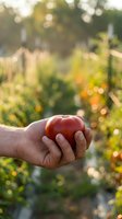 Farmer hands holding fresh ripe red tomato in sunny garden with warm bokeh light. Organic vegetable harvest concept for healthy eating and agriculture.