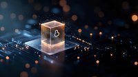Glowing transparent cube with heart symbol floating over digital circuit board surface with orange bokeh lights and futuristic technology connections.