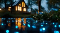 Glowing blue fireflies illuminate a tranquil lake at dusk, reflecting warm light from cozy cabin windows against dark silhouettes of trees creating magical atmosphere.