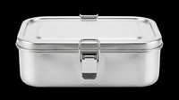 Stainless steel lunch box with hinged transparent lid and metal latch, isolated on transparent background. Ready for clipart, product mockups, print-on-demand designs, and sublimation projects.