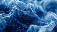 Abstract blue wave-like formations with glittering particles creating a mysterious underwater or cosmic landscape with flowing textures and depth.