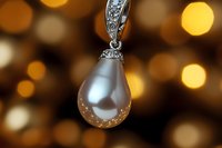 Elegant pearl pendant with diamond accents on silver chain against warm golden bokeh background, luxury jewelry macro photography.