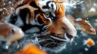 Close up portrait of majestic tiger face underwater with goldfish swimming nearby, dramatic lighting highlights orange stripes and intense predator eyes.