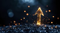 Glowing golden arrow pointing upward on dark textured surface with magical sparkles and bokeh lights creating mystical atmosphere for business growth concepts.
