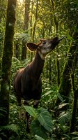 Okapi standing in lush tropical rainforest with golden sunlight filtering through dense green vegetation and moss-covered trees in natural habitat.