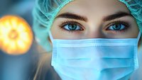 Close up view of bright blue eyes and surgical cap with protective face mask against blurred medical lights background, healthcare concept in hospital setting.