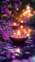 Glowing candle floating on water surrounded by purple flowers at sunset, creating serene atmosphere for meditation, spa, or spiritual practices.
