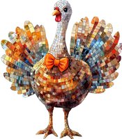 Festive turkey with orange bow tie in mosaic style featuring colorful geometric patterns in autumn tones. Decorative bird artwork on white background.