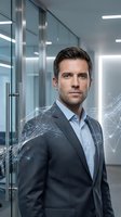 Professional businessman in modern office with digital network overlay representing technology innovation and corporate leadership in contemporary workspace.