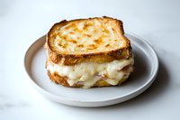 Grilled cheese sandwich with melted mozzarella and provolone on toasted sourdough bread, served on white ceramic plate against light background.